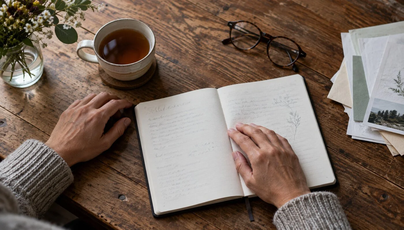 Hands rest beside an open notebook, with tea, reading glasses, and papers on a wooden table.