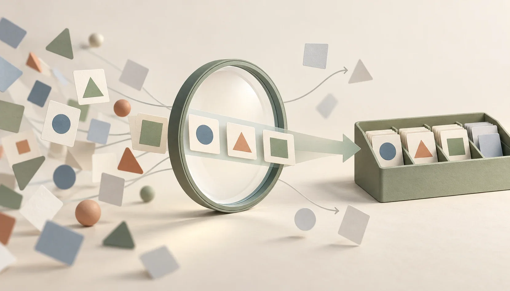 Selected information cards pass through a focusing lens into an organized tray while other shapes drift away.