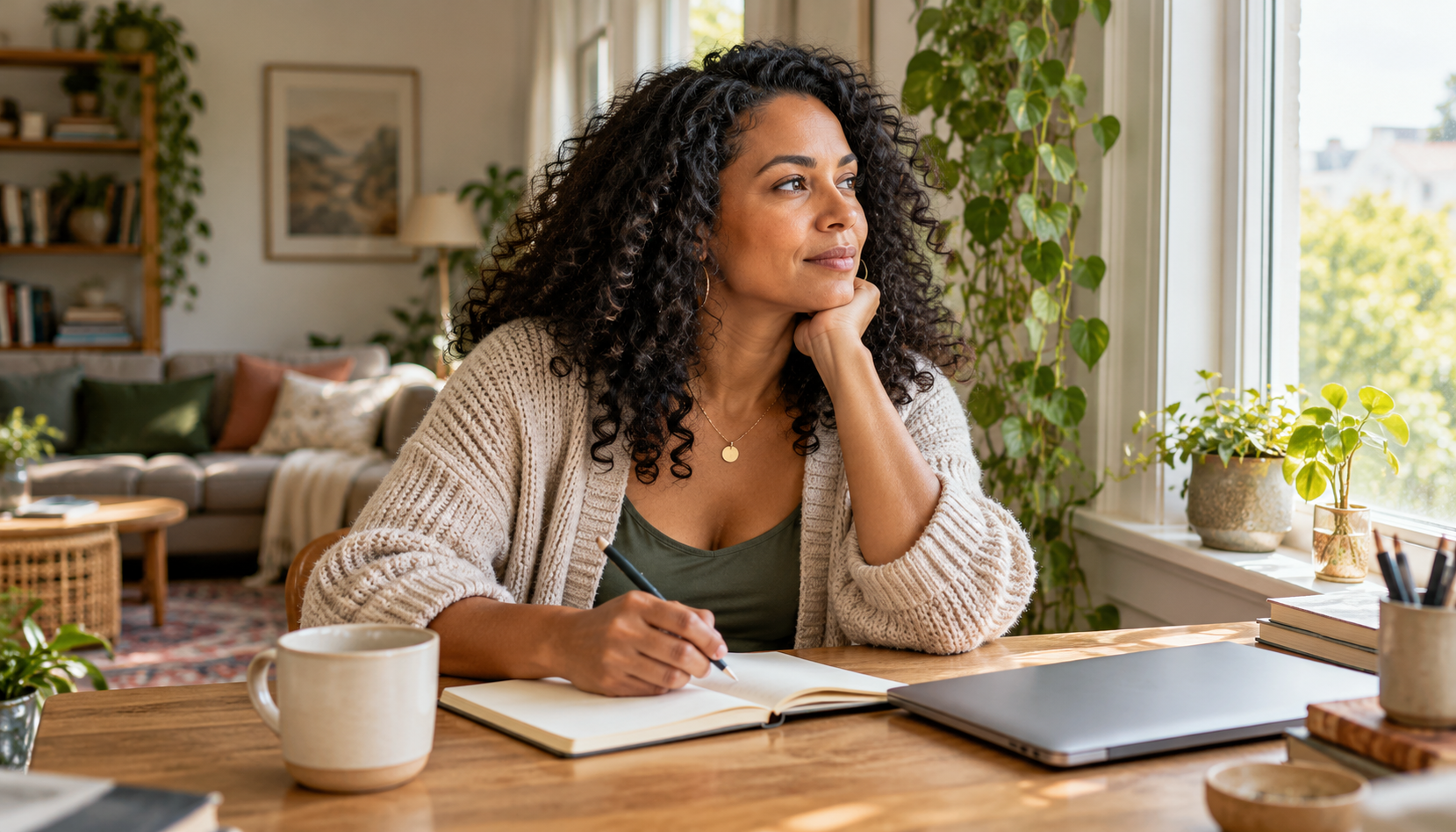 Woman pausing with a notebook beside a sunlit window.