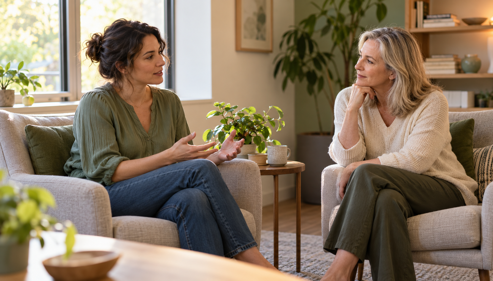 Two women having a calm conversation in a consulting room.