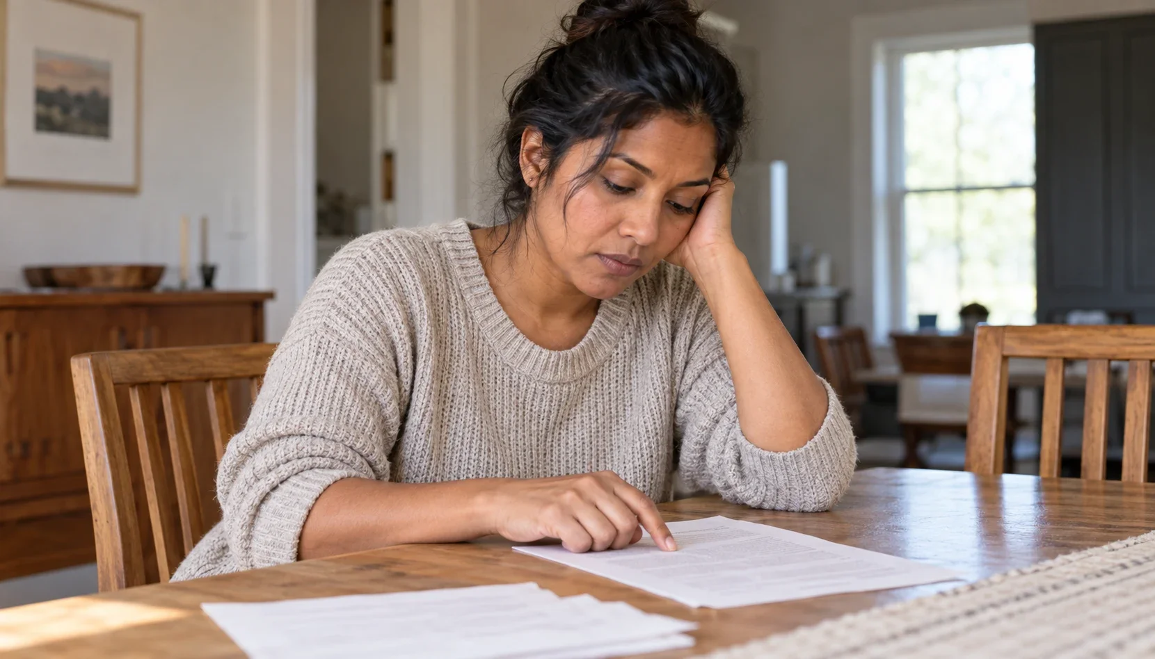 A woman rereads a page at a dining table while keeping her place with one hand.
