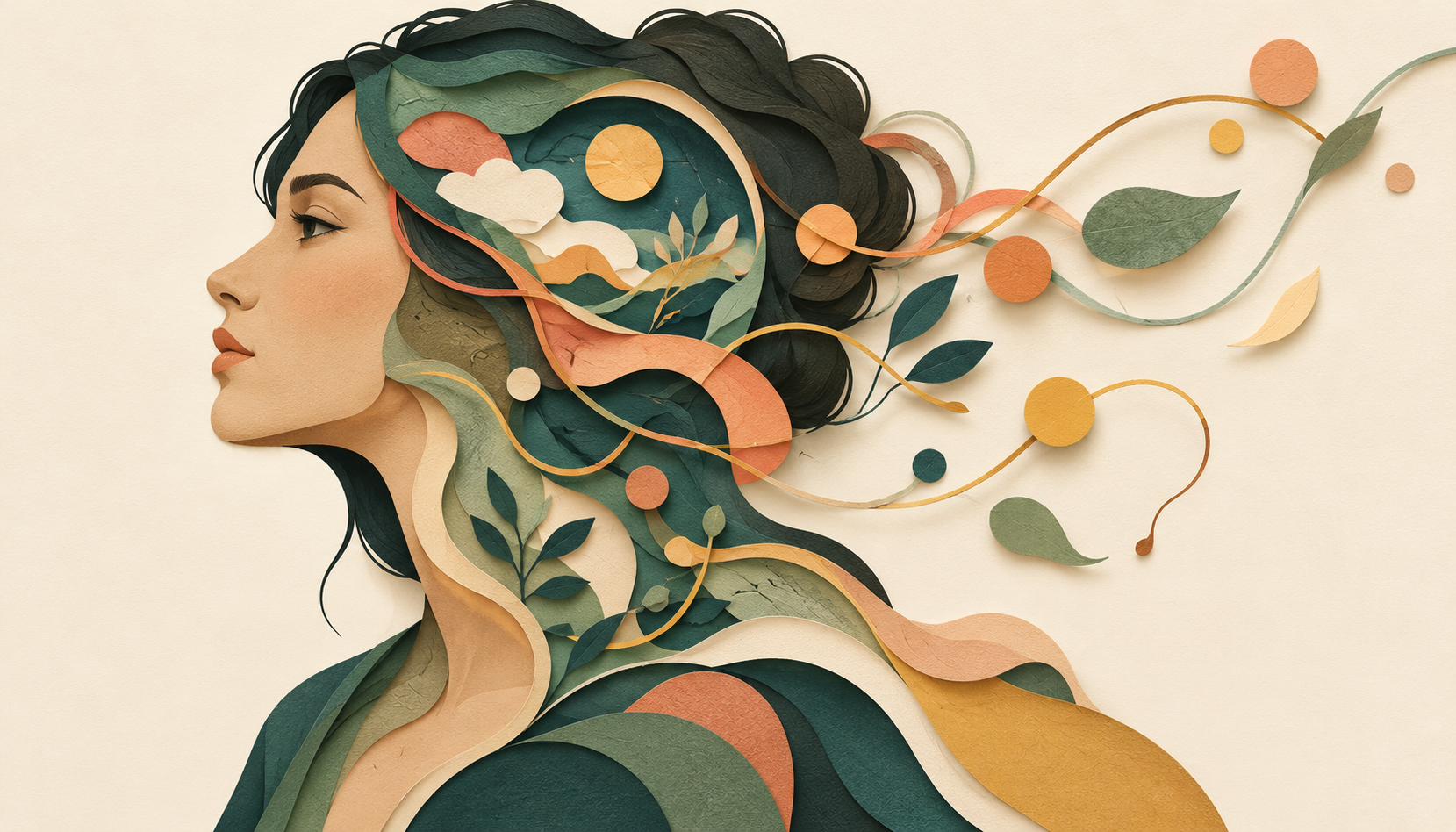 Layered paper-cut profile of a woman with curved paths and shapes representing internal attentional effort.