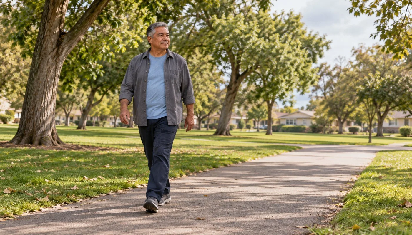 An adult takes an unhurried walk along a tree-lined neighborhood park path.