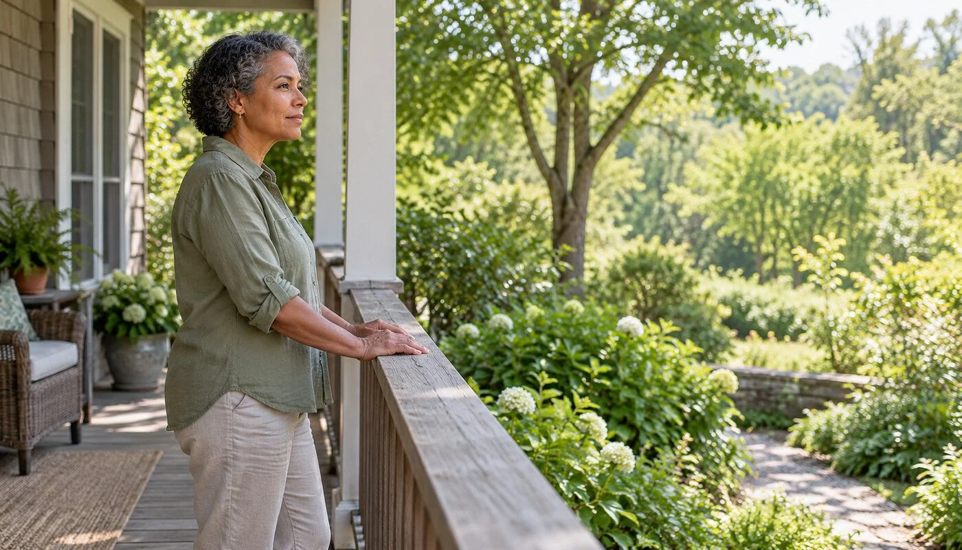 A woman rests her hands on a porch railing while looking out at a green garden.