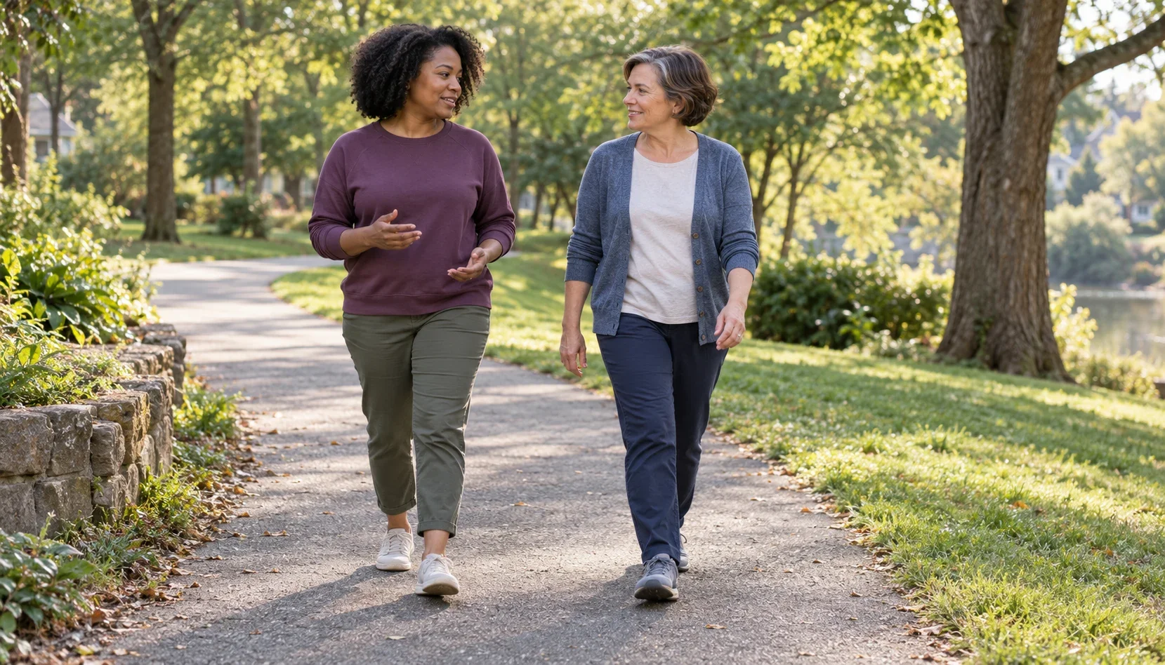 Two adults walk together along a neighborhood park path in morning light.