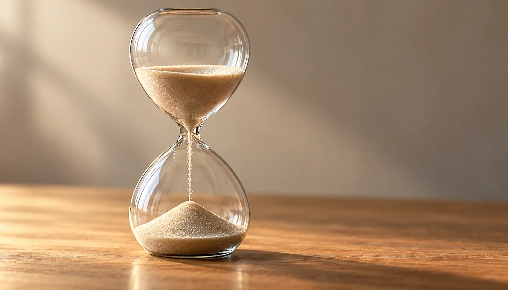 Sand flows through a clear glass hourglass on an uncluttered surface.