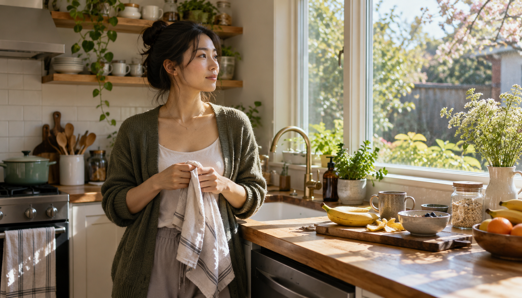 Woman looking toward a kitchen window during a breakfast task.