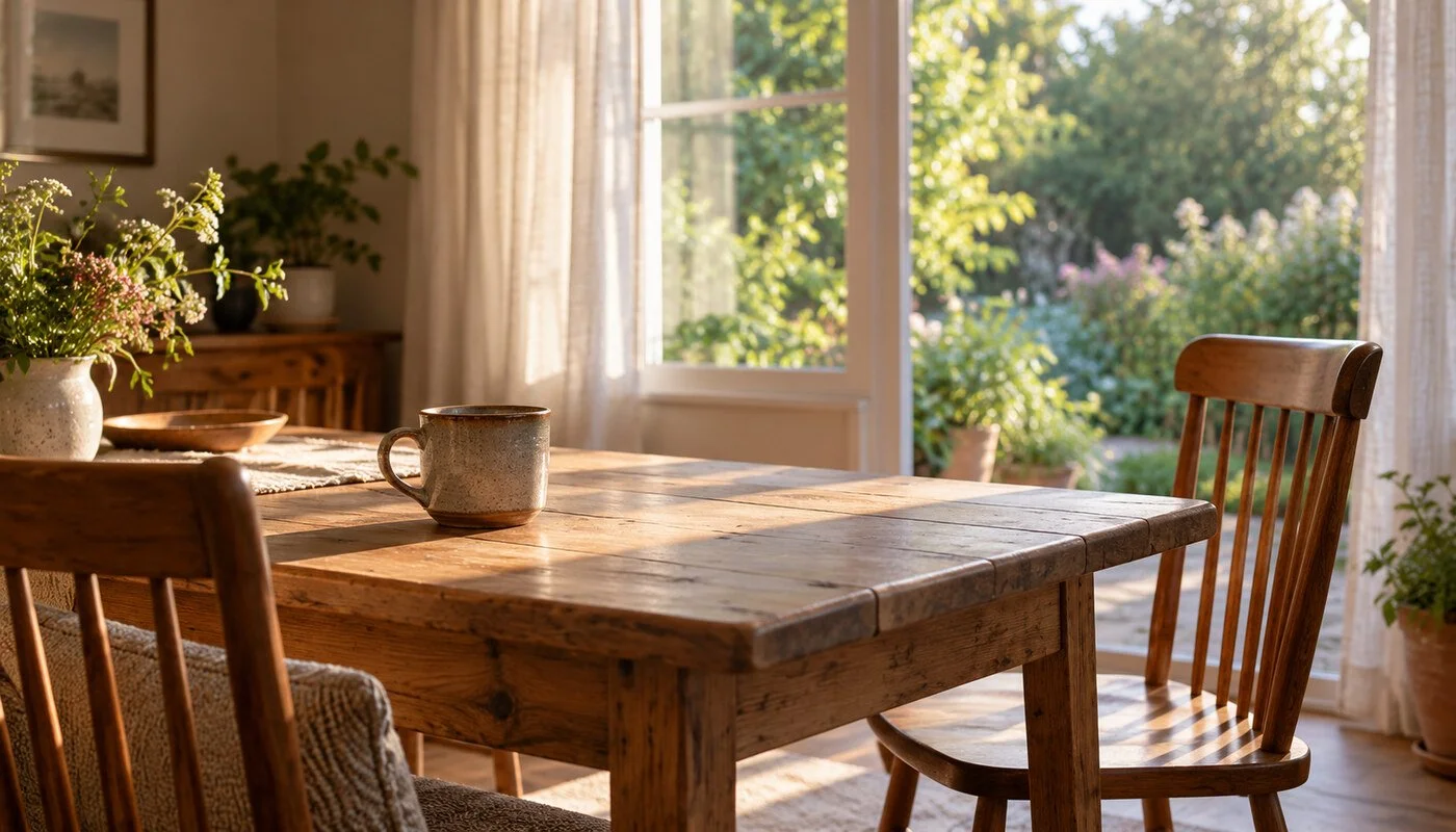A ceramic mug and empty wooden chairs at a sunlit table overlooking a green garden.
