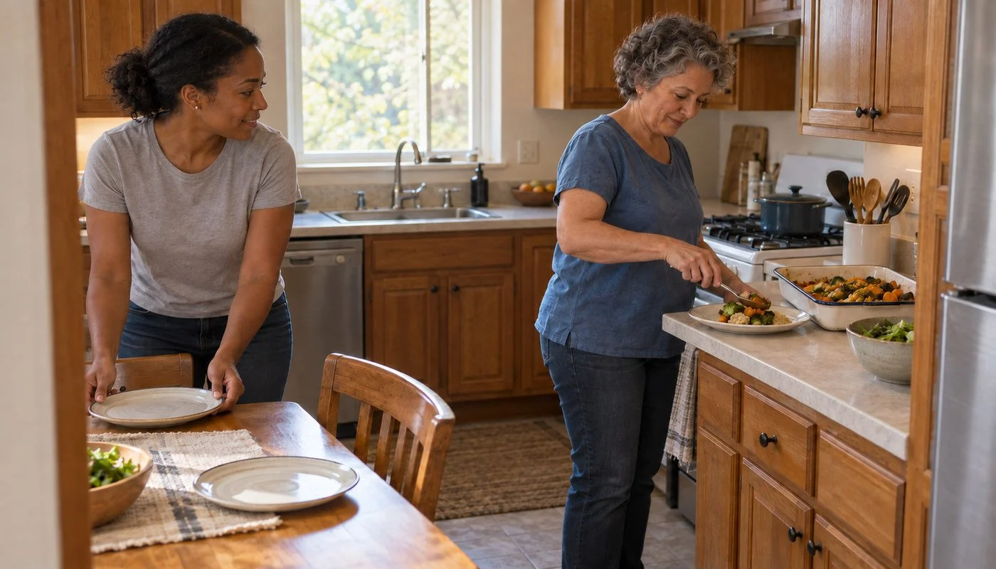 Two adults prepare a meal together, serving vegetables and setting the table.