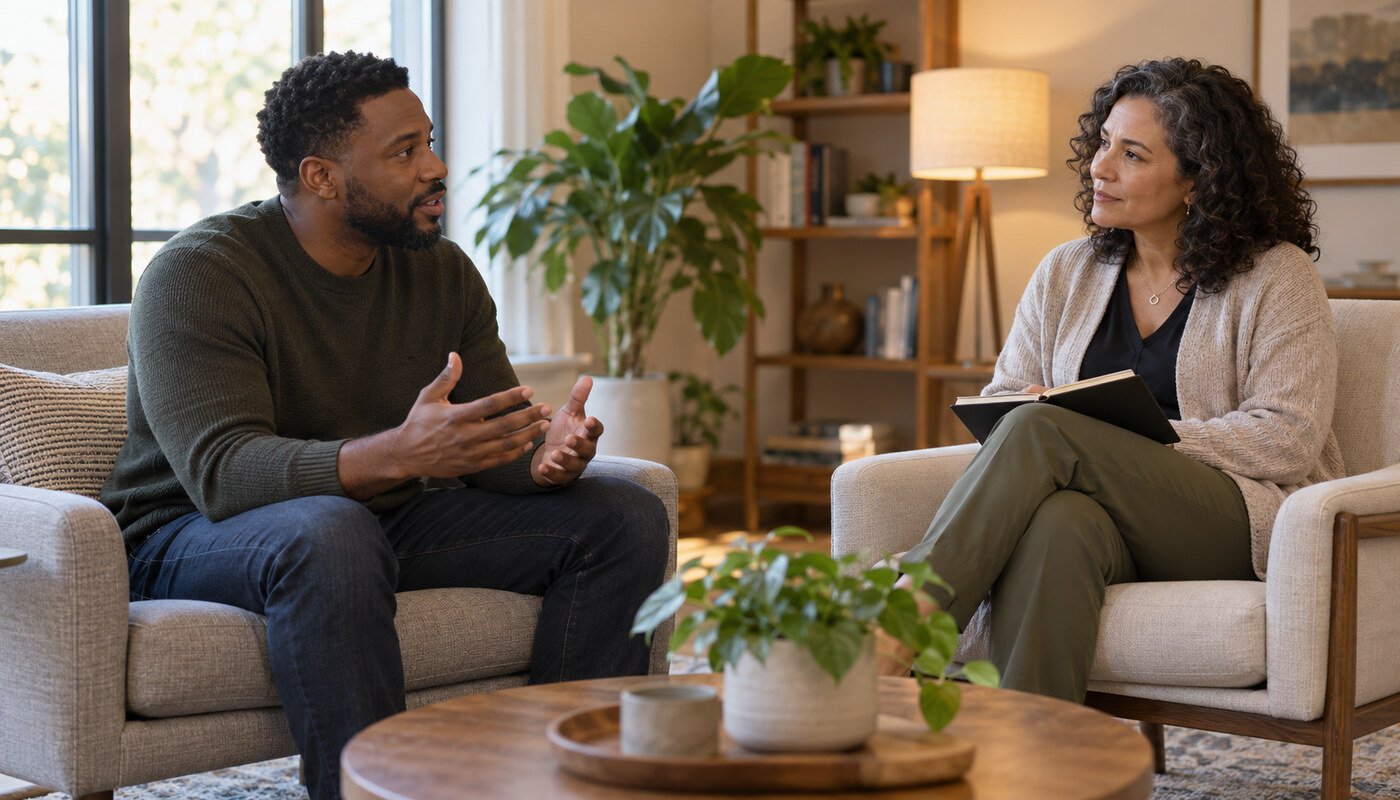 A man speaks with a mental health professional who listens with a notebook in a softly lit office.