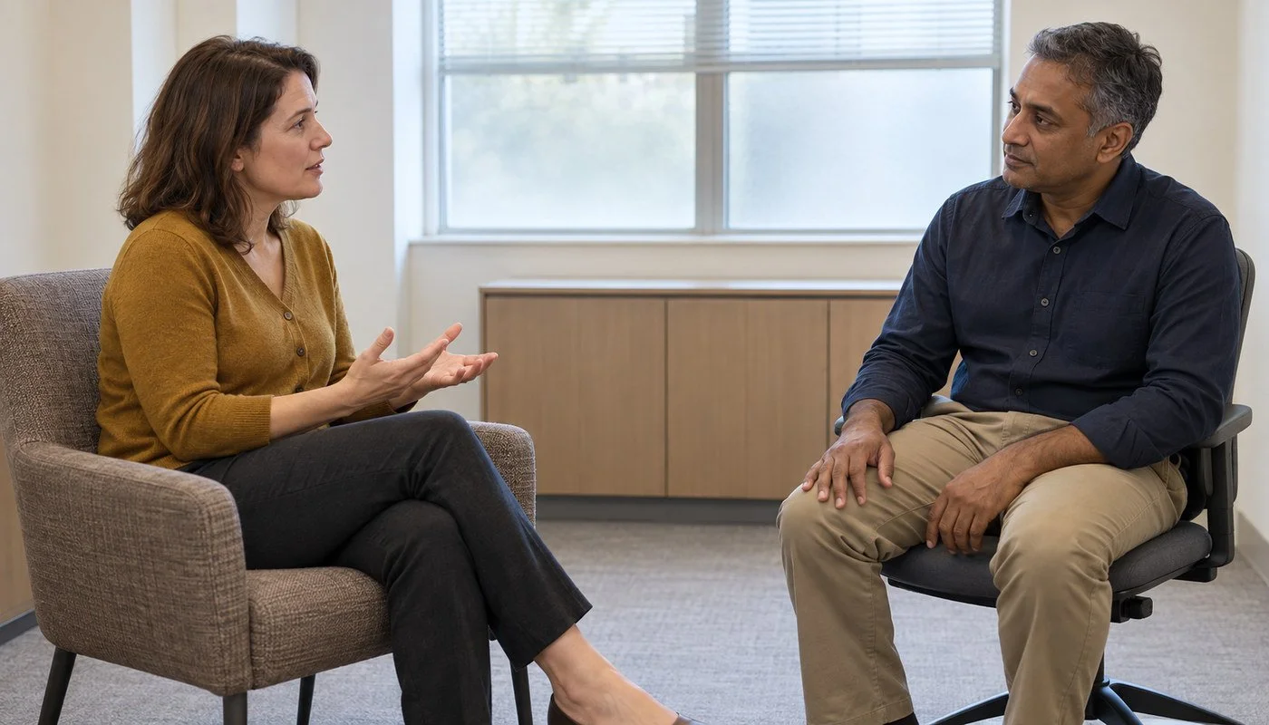 A patient talks with a clinician in a quiet consultation room.