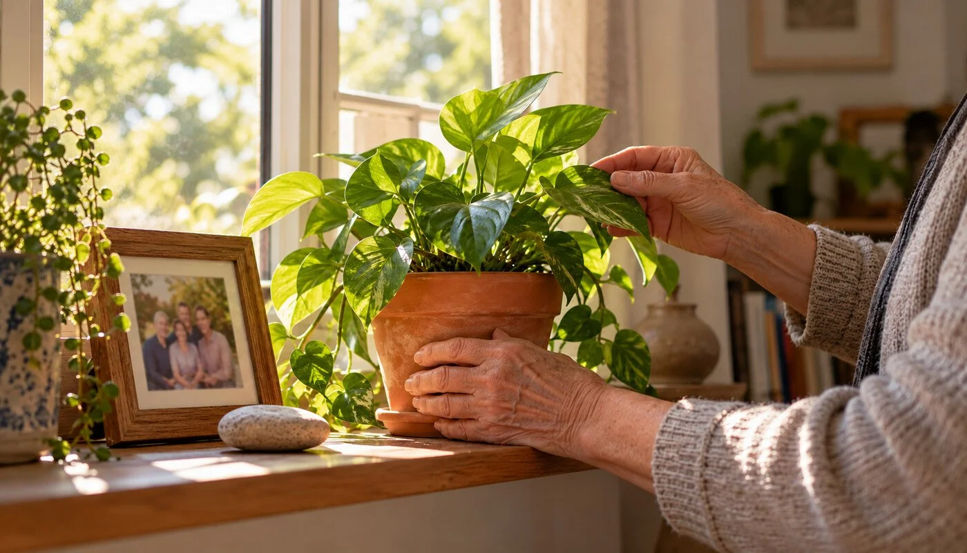 An older adult tends a leafy houseplant beside a framed photograph and a smooth stone.