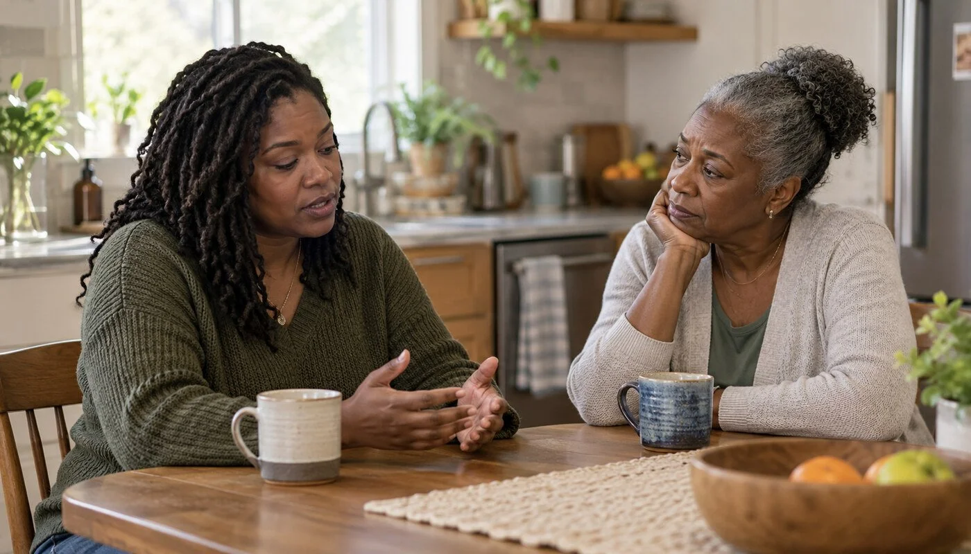 Two women talk over mugs at a kitchen table, with one listening attentively.