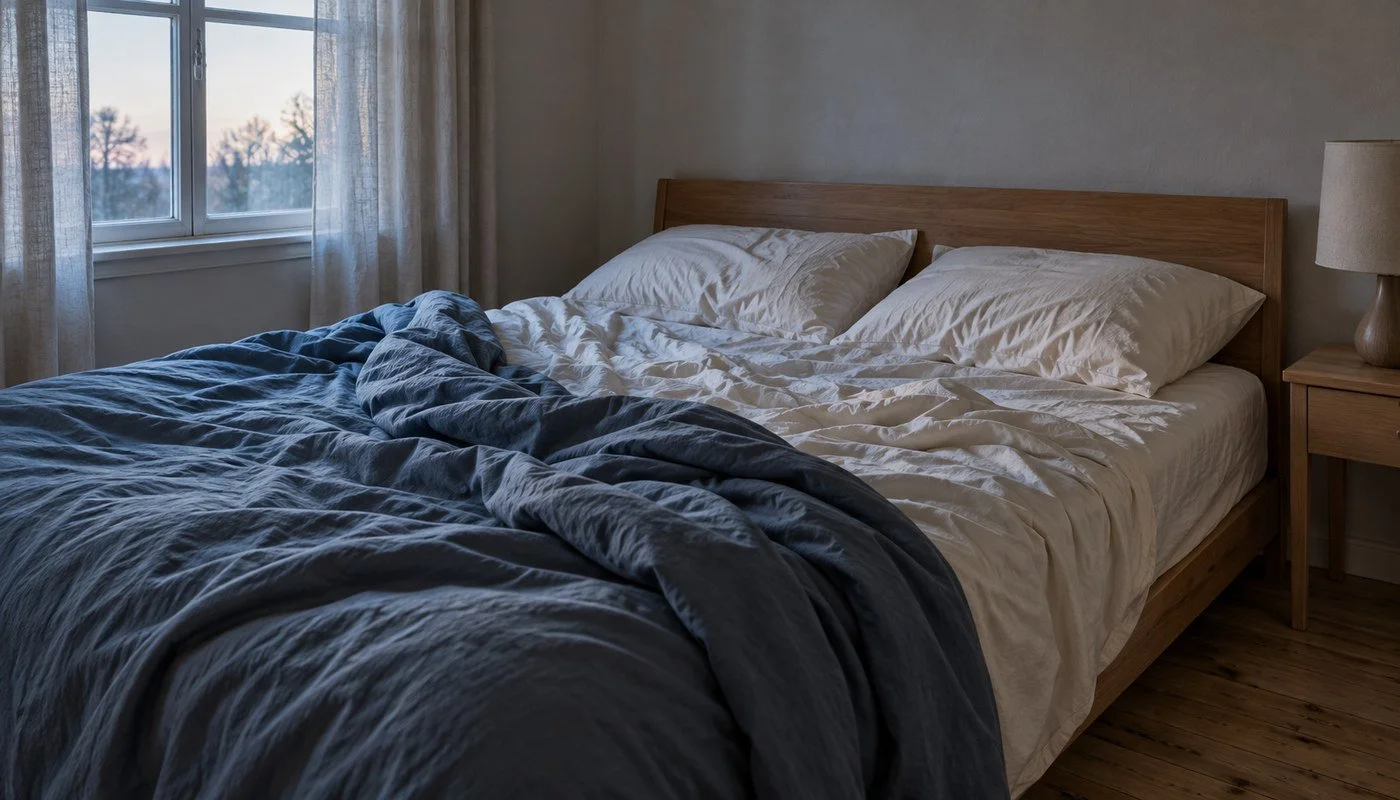 Rumpled bedding and an unlit bedside lamp in an empty bedroom at dawn.
