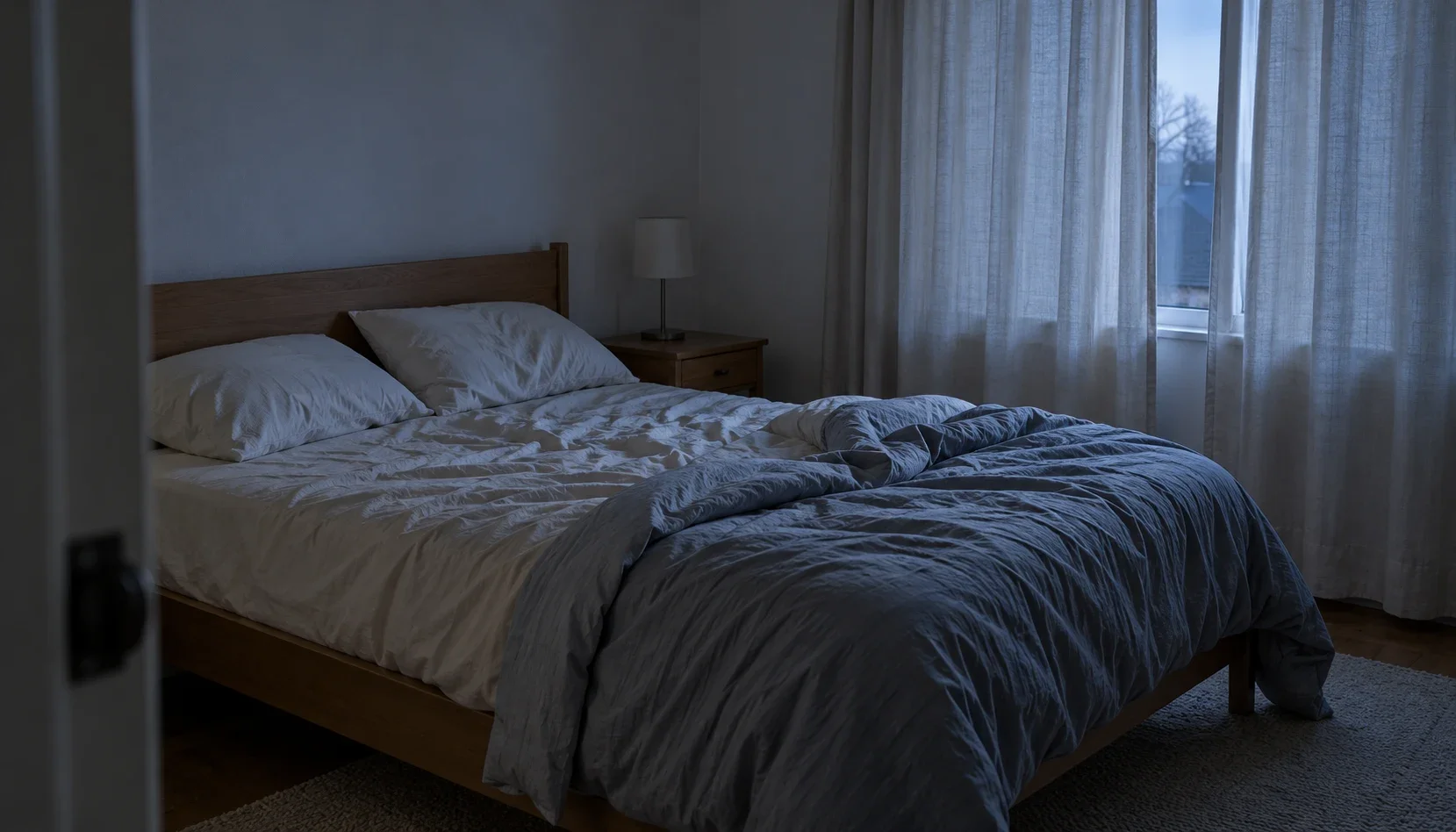 A quiet bedroom with rumpled bedding in the cool light before dawn.