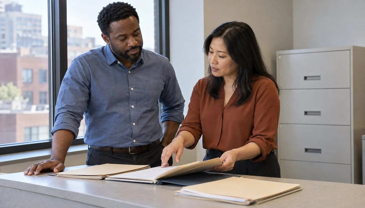 Two coworkers review a folder together at an office work counter.