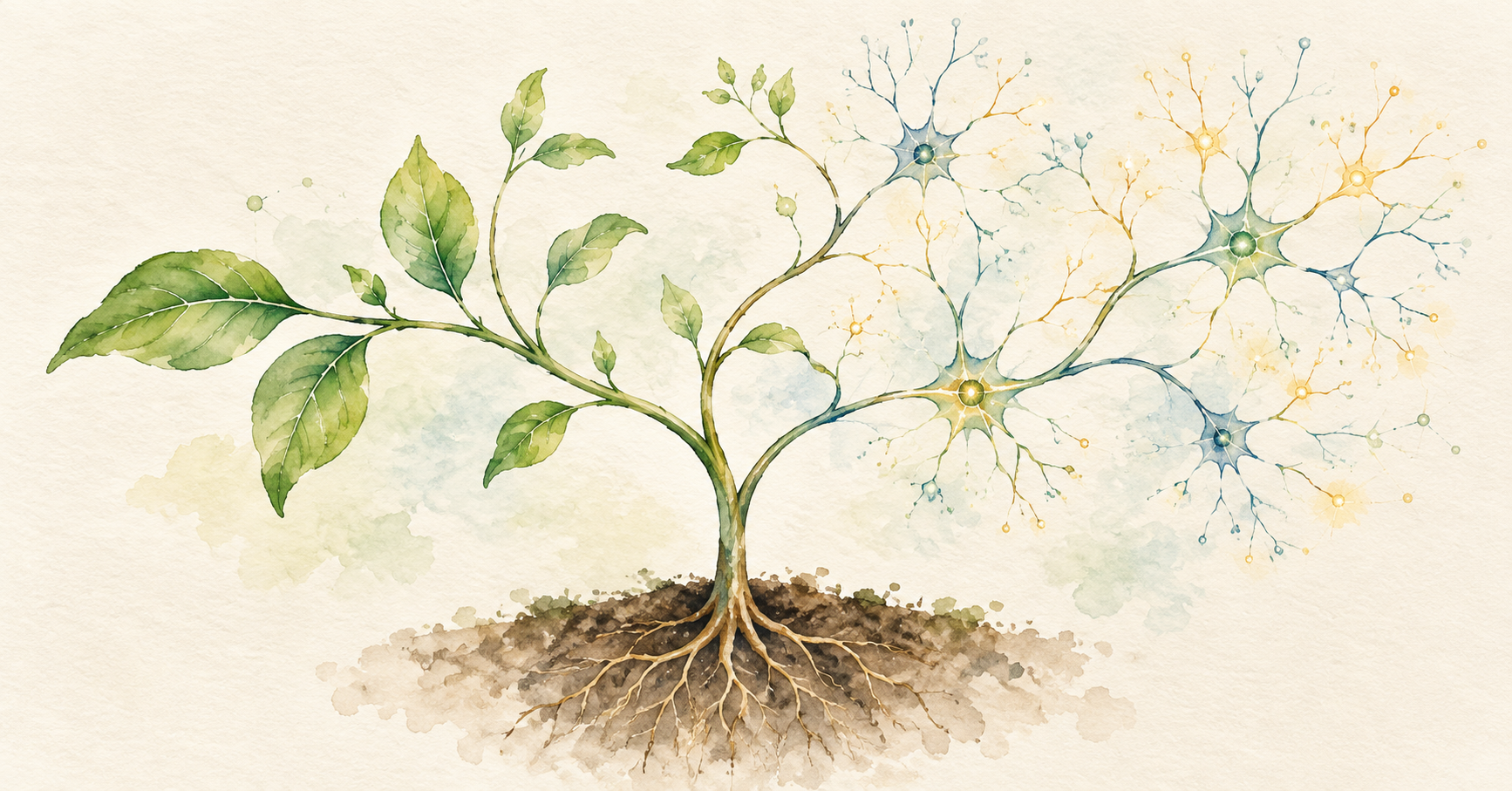 Plant branches transforming into neural connections to represent neuroplasticity