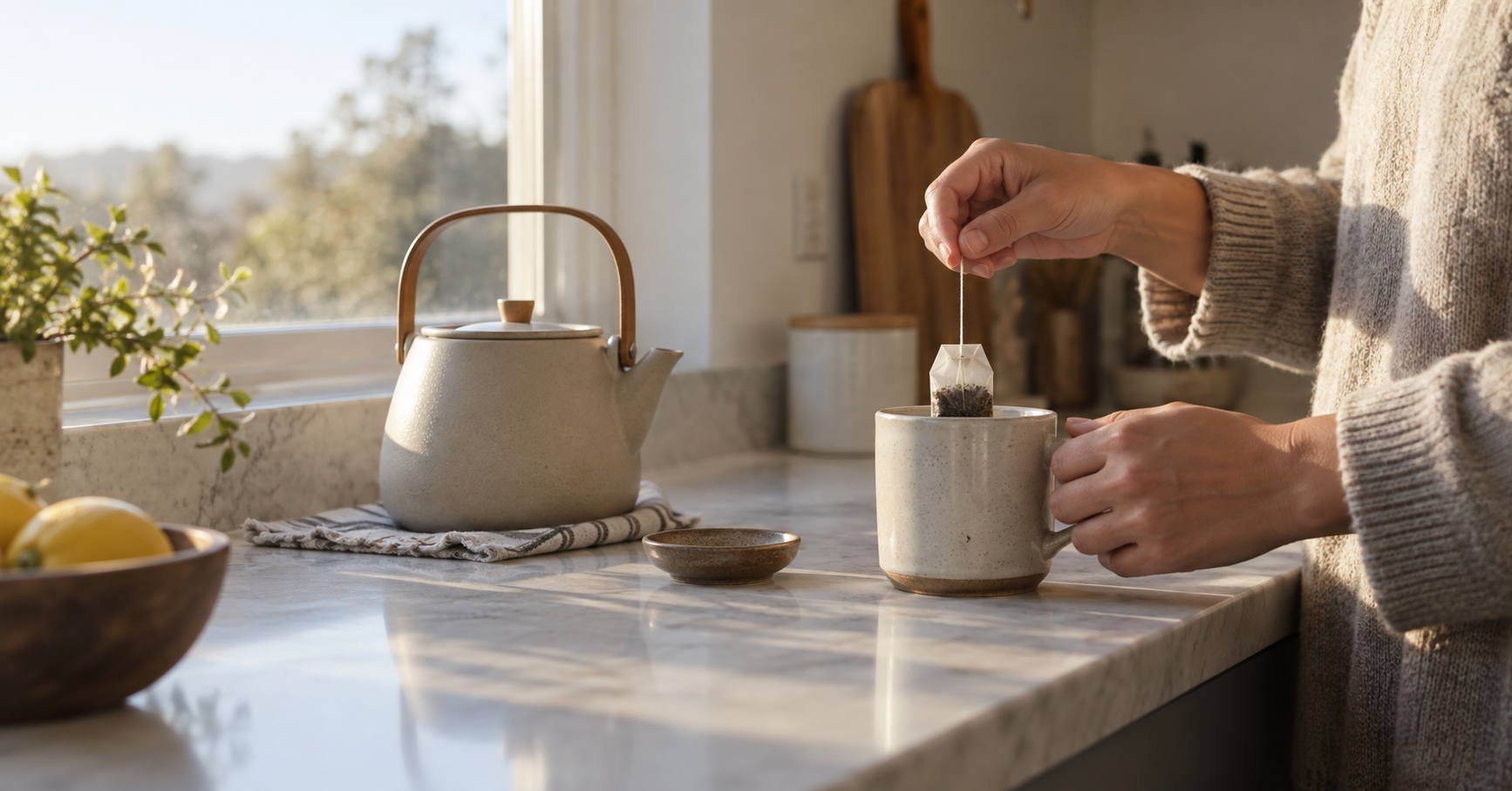 Hands preparing tea as a familiar daily habit cue