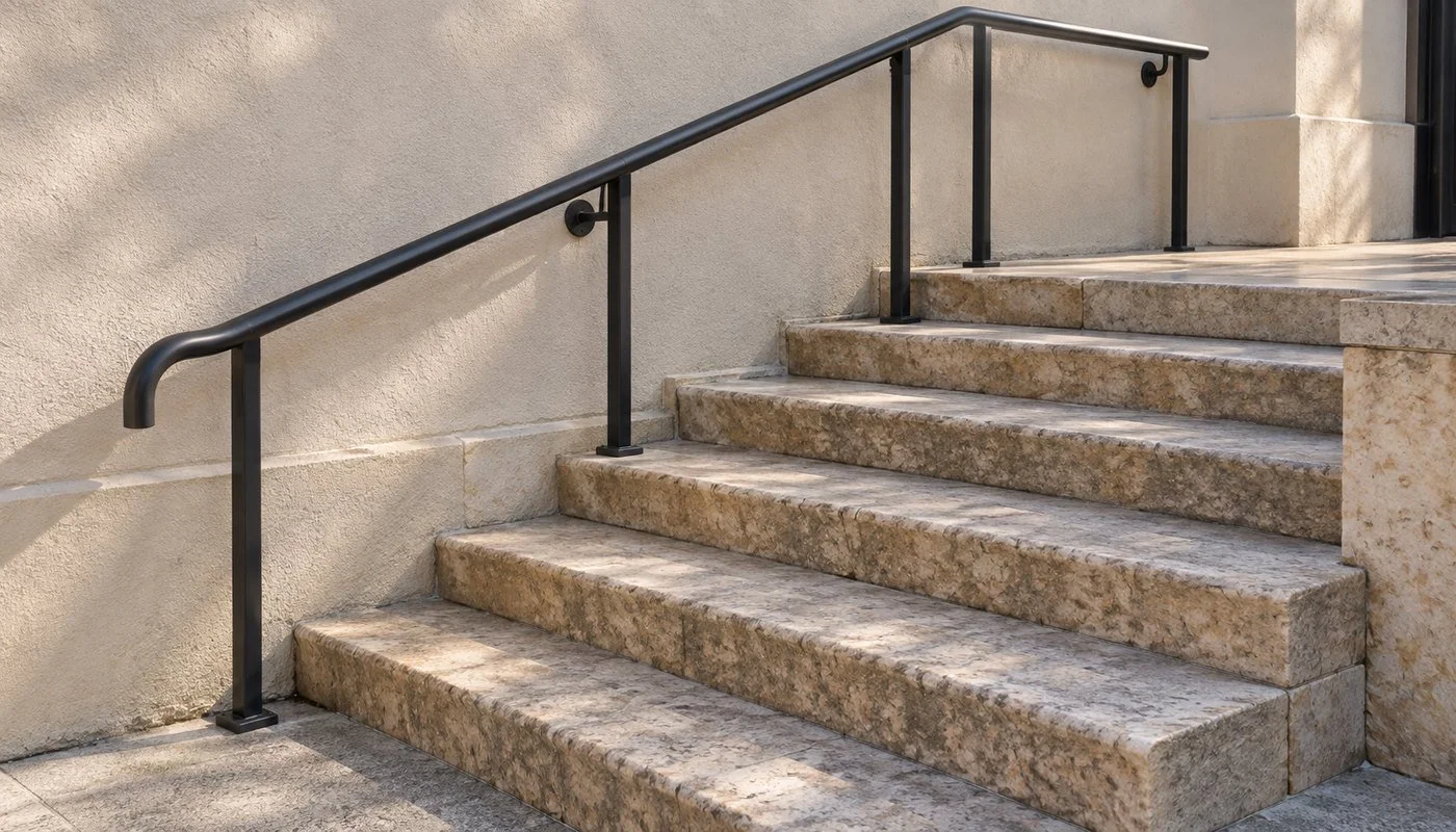 Worn stone steps with a sturdy metal handrail leading to a small landing.
