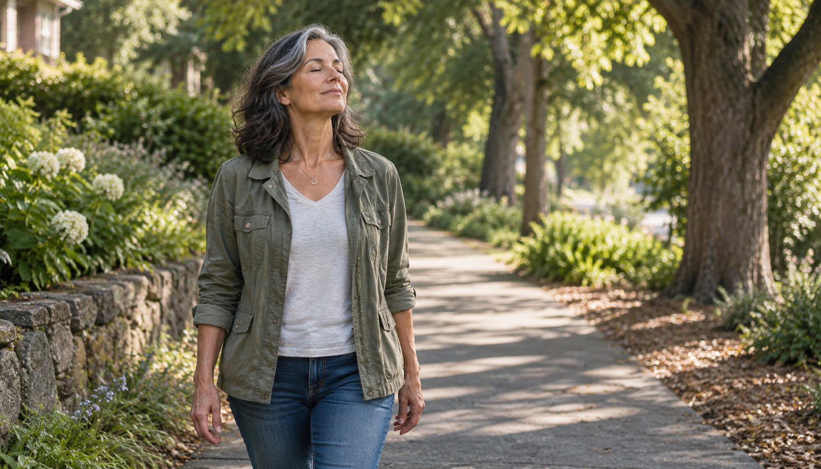 Woman pausing with her eyes closed on a leafy walking path.