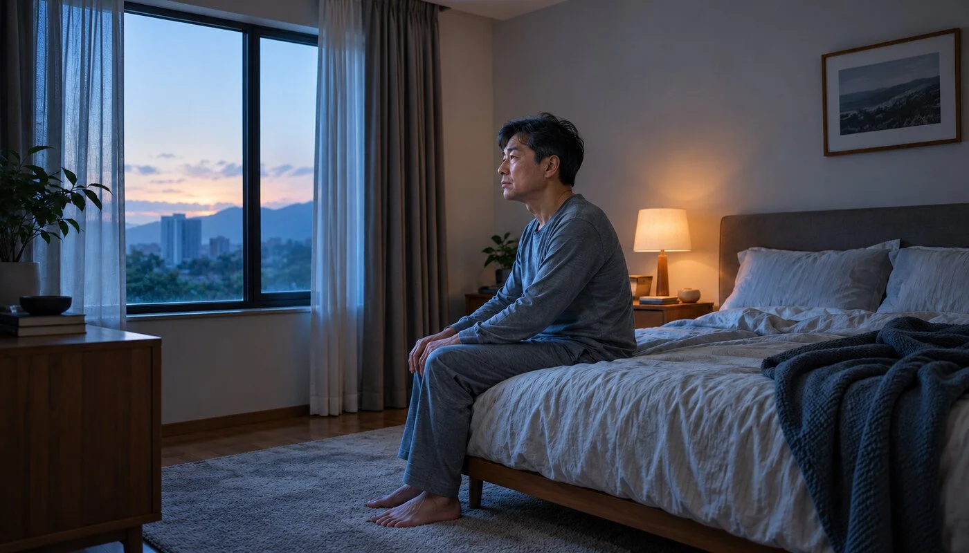 A man sits at the edge of a bed beside a window in the early morning light.