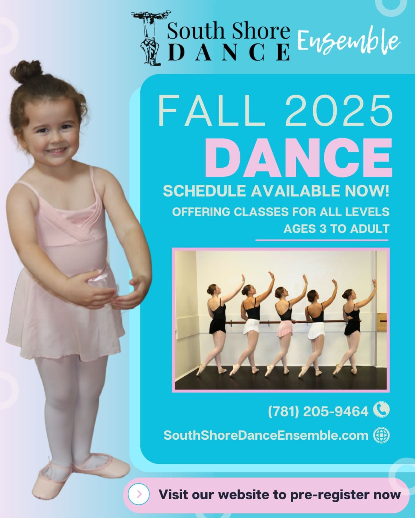 We&rsquo;re now accepting pre-registrations for our Fall-Spring dance season! With classes in Ballet, Jazz, Lyrical, Hip-Hop, Tap, Contemporary, and Acro, dancers of all levels and abilities are welcome. Check out our class schedule and get in touch 