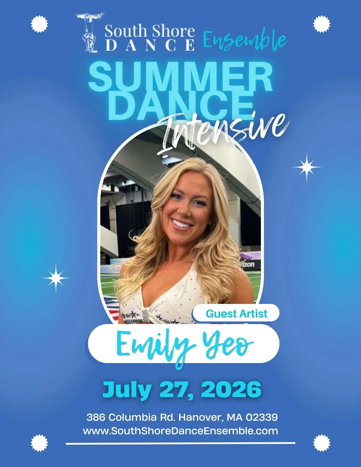 We&rsquo;re so excited to reveal the first Guest Artist for SSDE&rsquo;s Summer Intensive!
Welcome, Emily Yeo, New England Patriots Cheerleader of the Year! 

Emily will be teaching Pom this summer: Ages 8&ndash;12 | 12:30&ndash;1:30 PM Ages 13 &amp;