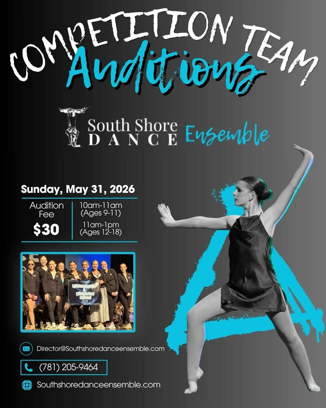 We are so excited to announce our Competition Team Auditions for the 2026-2027 season! Auditions are open to dancers ages 9-18 - all experience levels welcome!

Audition Details:
Sunday, May 31st
Ages 9-11: 10:00-11:00 AM
Ages 12-18: 11:00 AM-1:00 PM