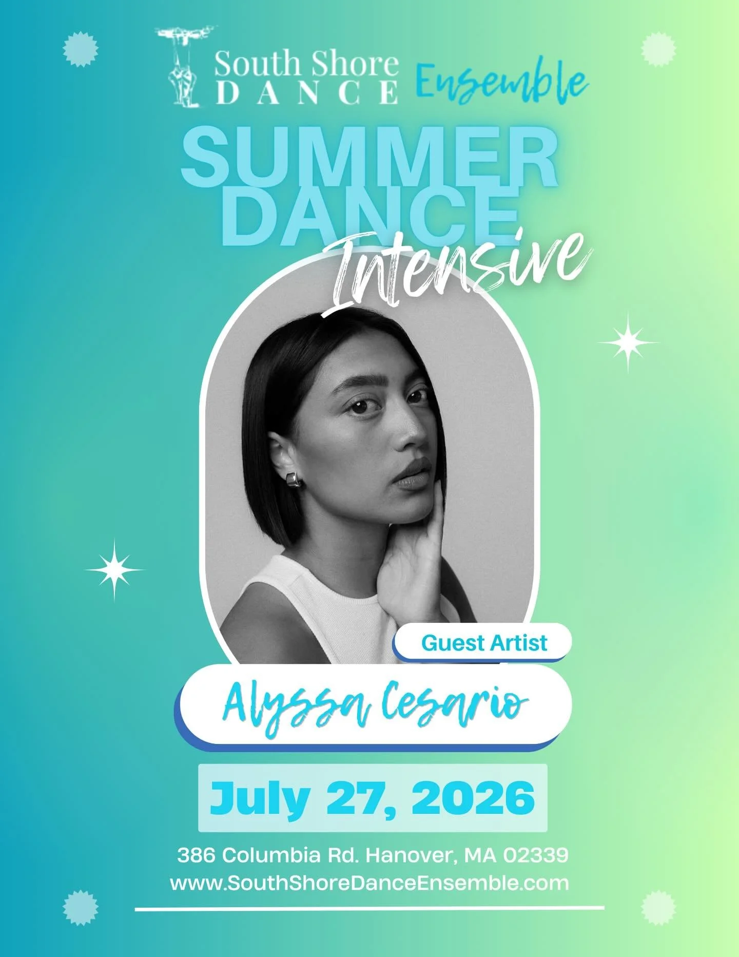 SSDE is honored to welcome Alyssa Cesario as a guest artist at this year&rsquo;s Summer Intensive! Alyssa will be teaching Hip Hop on Monday July 27th! 

Monday 7/27 
9:00-10:30 (Ages 13 &amp; Up) 
10:30-11:30 (Ages 8-12) 

Alyssa is a dance educator