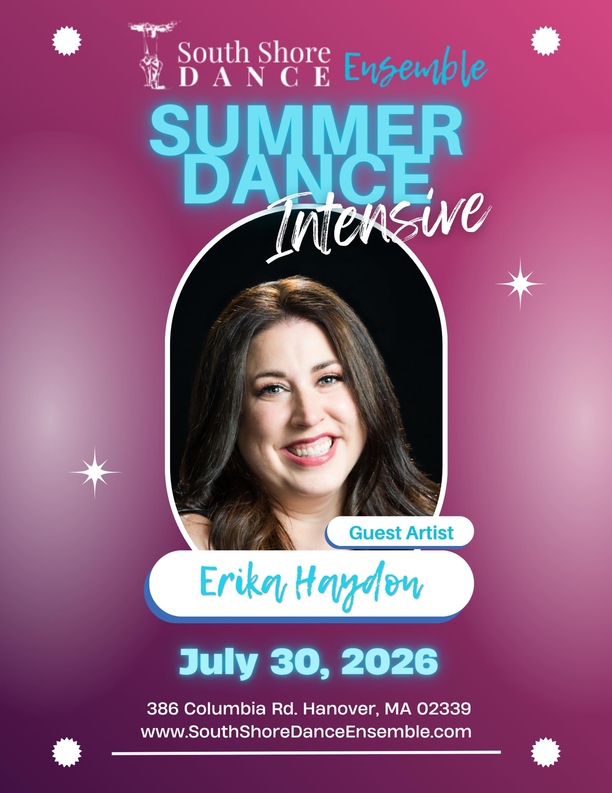 Our final Summer Intensive Guest Artist announcement is here! 
Please join us in welcoming back Erika Haydon to SSDE&rsquo;s Summer Intensive! We are thrilled to have Erika in the studio teaching Tap and Lyrical! 

July 30, 2026 
12:30-1:15 Tap (Ages