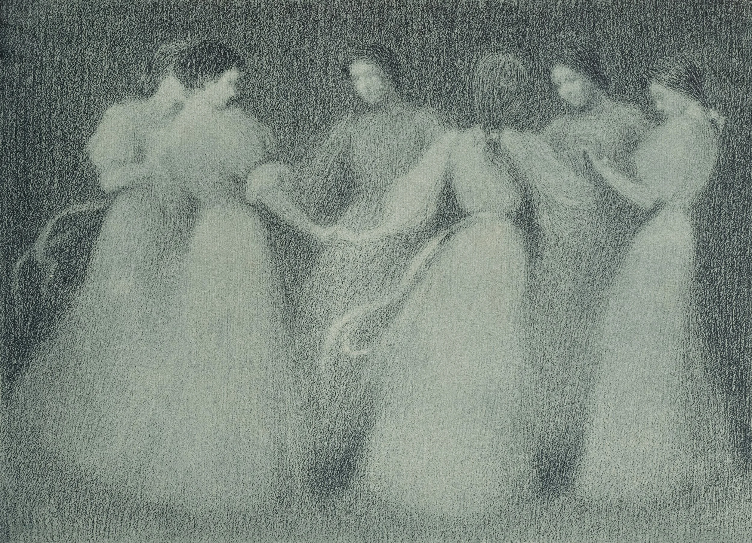 A vintage-style illustration of three women in long dresses, holding hands and dancing together.