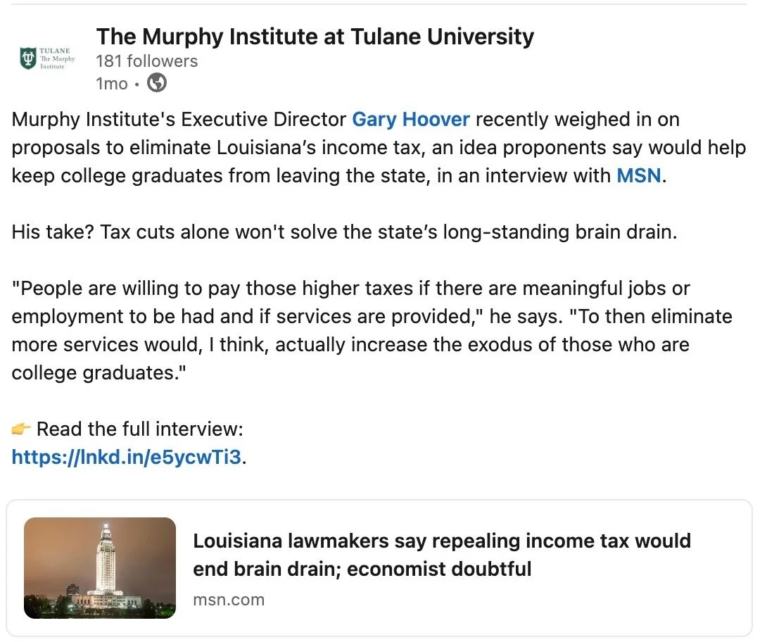 LinkedIn Post sharing an earned placement of Murphy Institute Executive Director. 