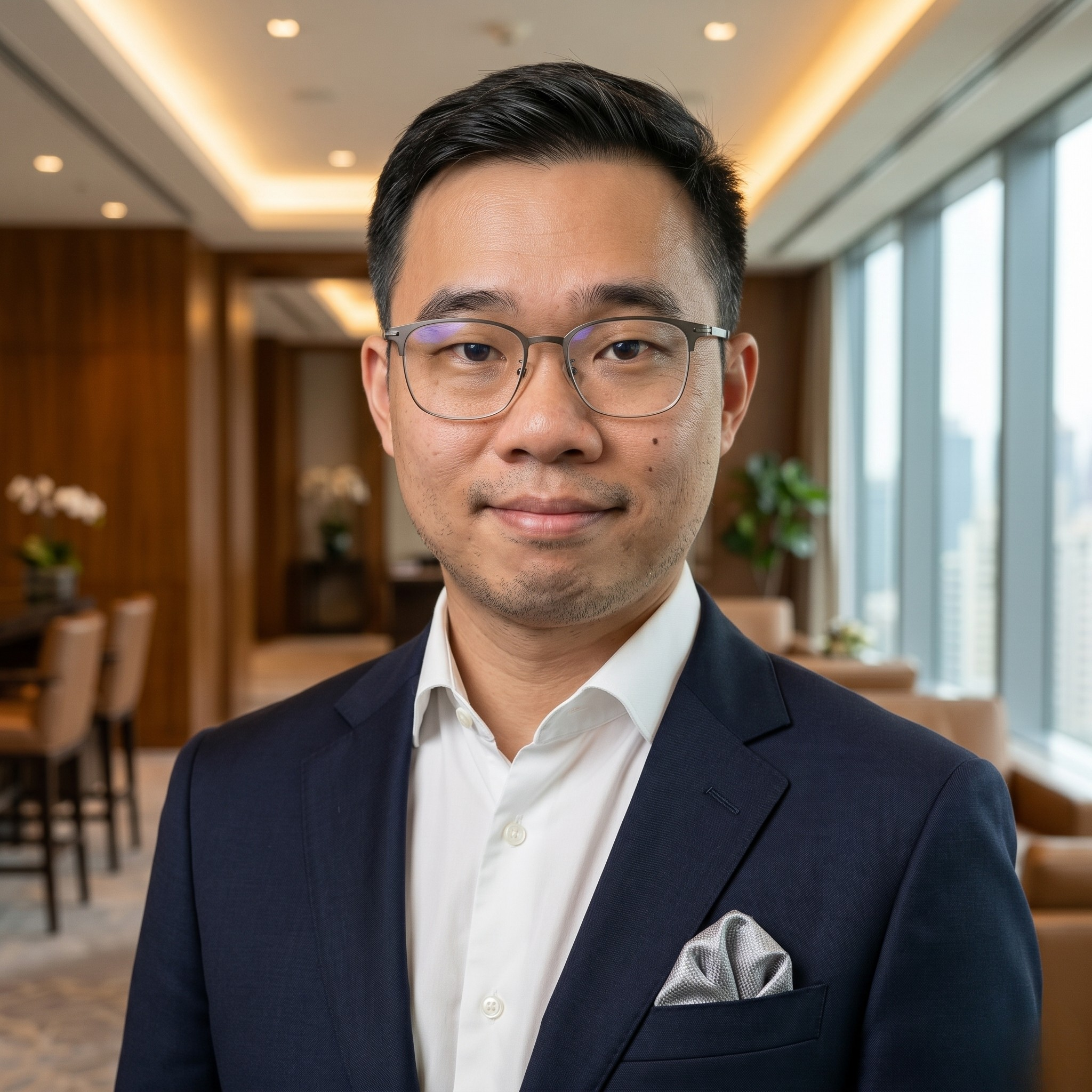 Close-up of a young Asian man wearing glasses, dressed in a formal suit, indoors with warm lighting and modern decor.