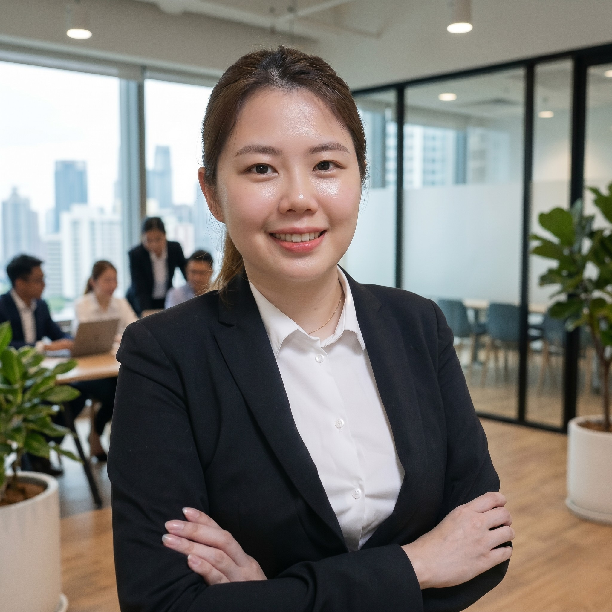 Close-up of a woman with brown hair in a ponytail, wearing a black blazer and white shirt, smiling, with arms crossed, in a modern office with large windows, plants, and people working in the background.