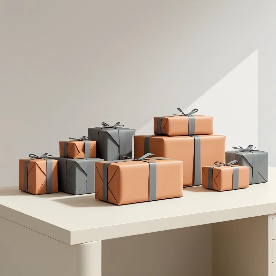Multiple wrapped gift boxes in peach and gray with ribbons on a beige table in sunlight.