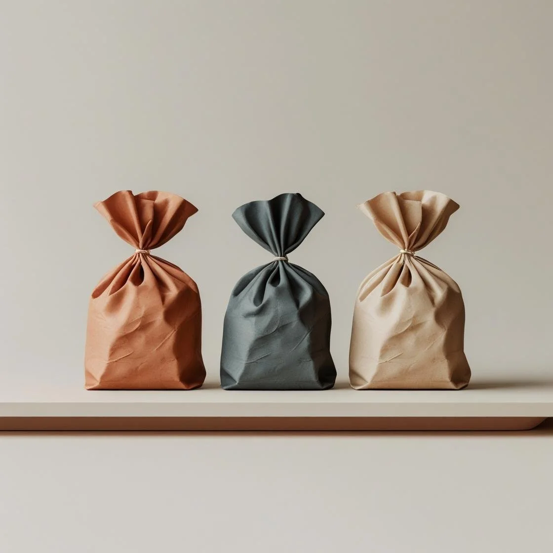 Three wrapped gift packages on a neutral-colored shelf, each with a different colored wrapping: orange, dark gray, and beige.