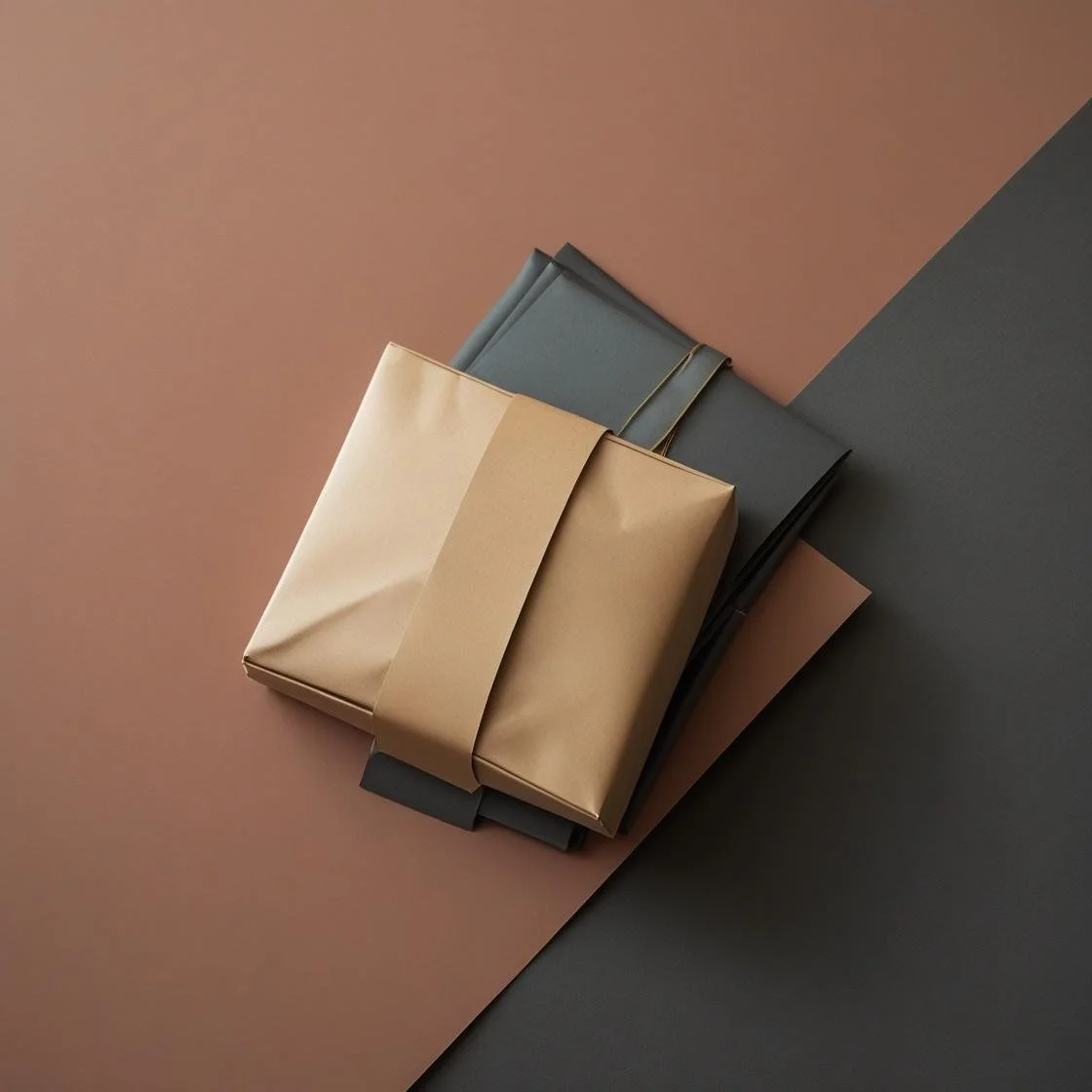 Two gift boxes wrapped in metallic gold paper with beige and dark gray ribbons, placed on a diagonal background of beige, gray, and pink surfaces.