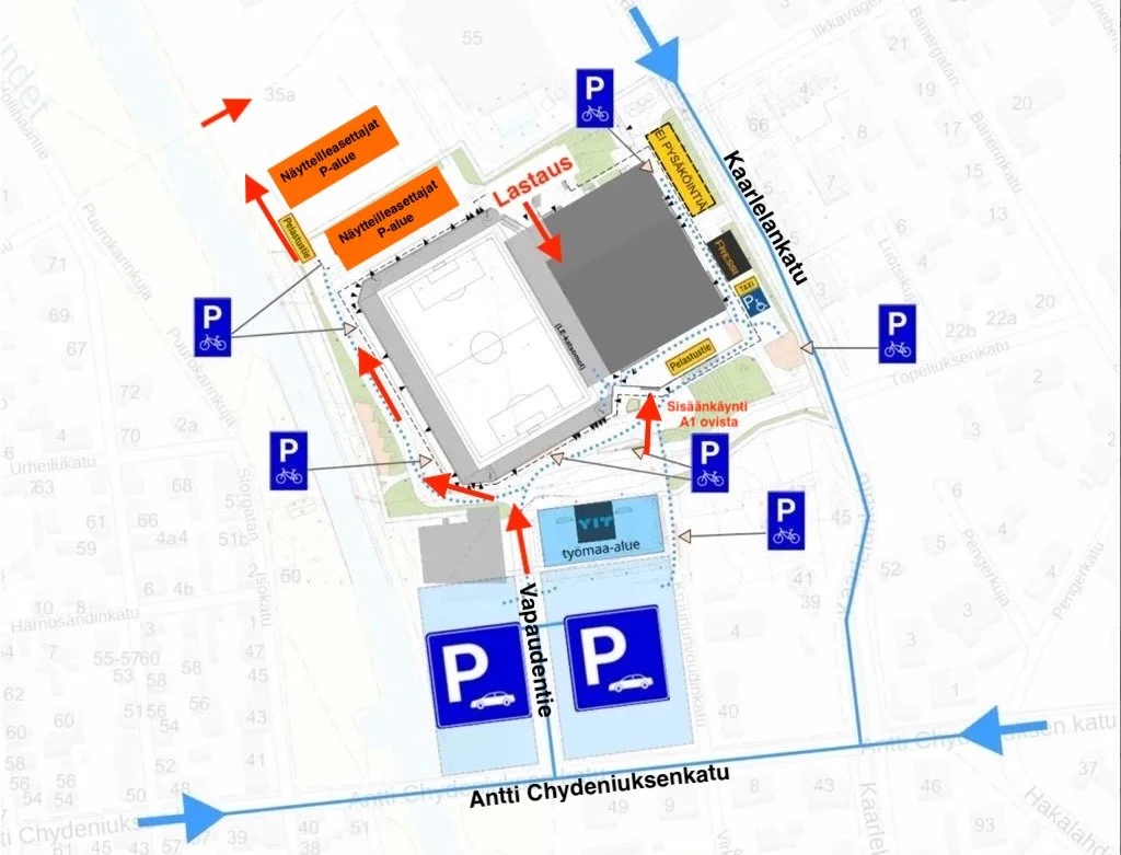 Kartta, jossa on pysäköintialueita, kävelytietä ja insinöörisiä ohjeita stadionin ympärillä, mukaan lukien sisäänkäynti ja lasten helikopterikenttä.