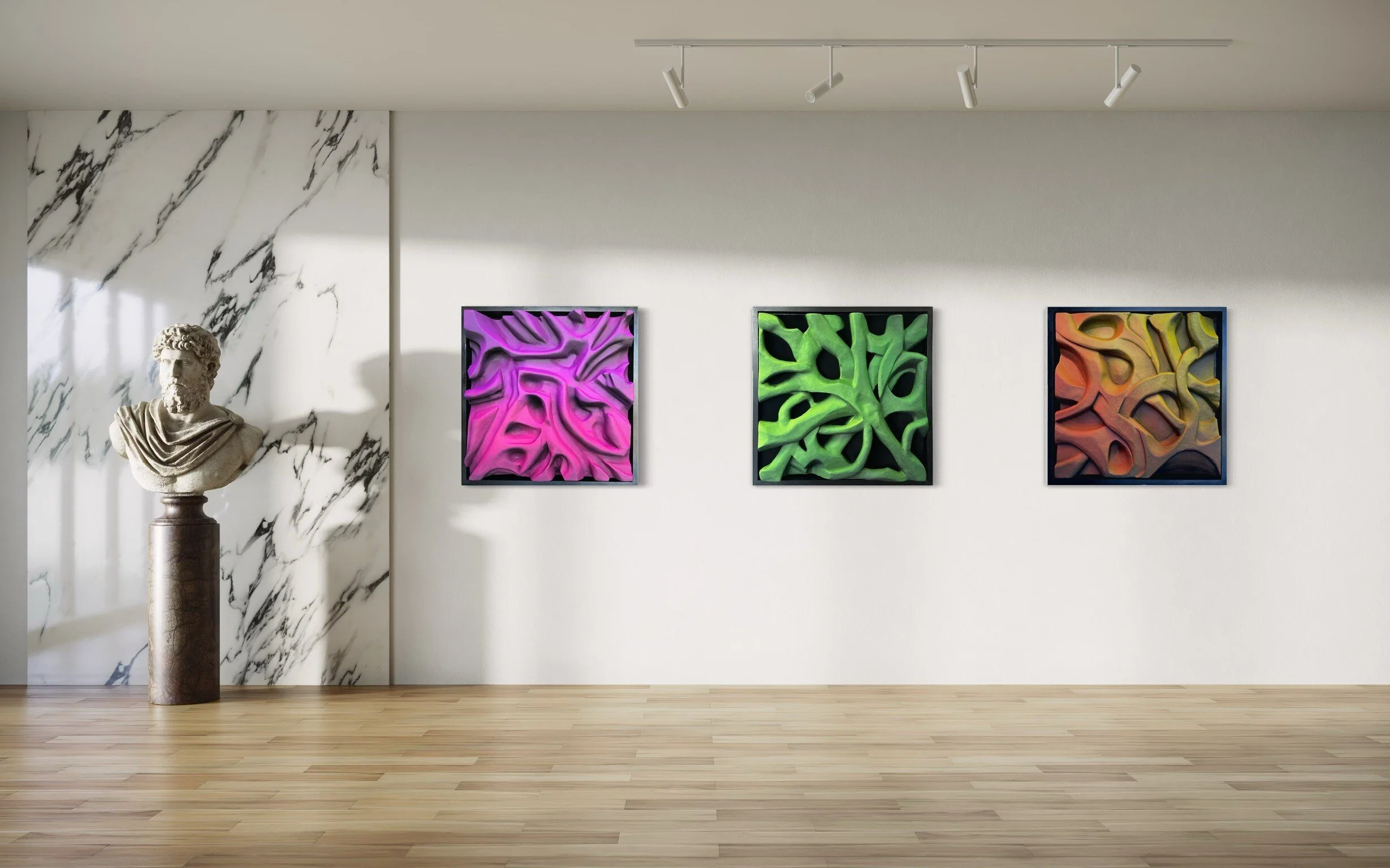 Art gallery interior with marble bust and colorful abstract paintings on the wall.