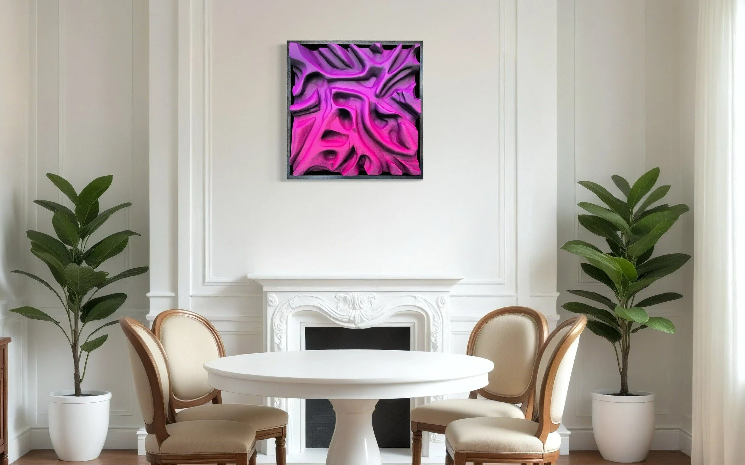 Interior room with white round table, two beige chairs, a fireplace, two potted plants, and abstract purple-pink wall art.