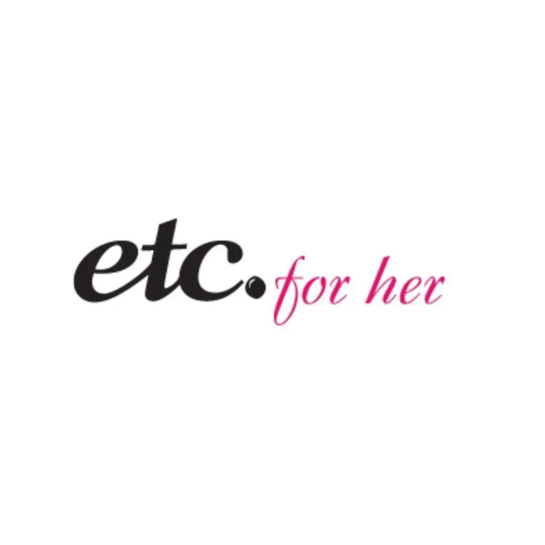 Logo with the text 'etc. for her' in black and pink cursive font on a white background.