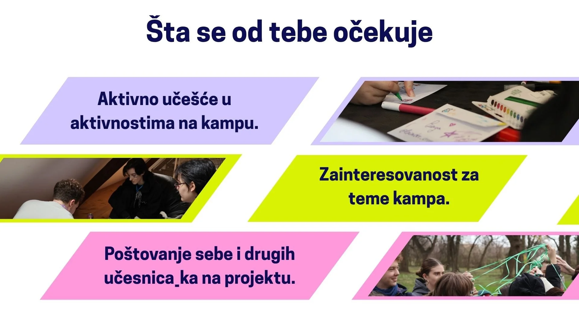 Šta se od tebe očekuje: Aktivno učešće u aktivnostima na kampu. Zainteresovanost za teme kampa. Poštovanje sebe i drugih učesnica_ka na projektu. 