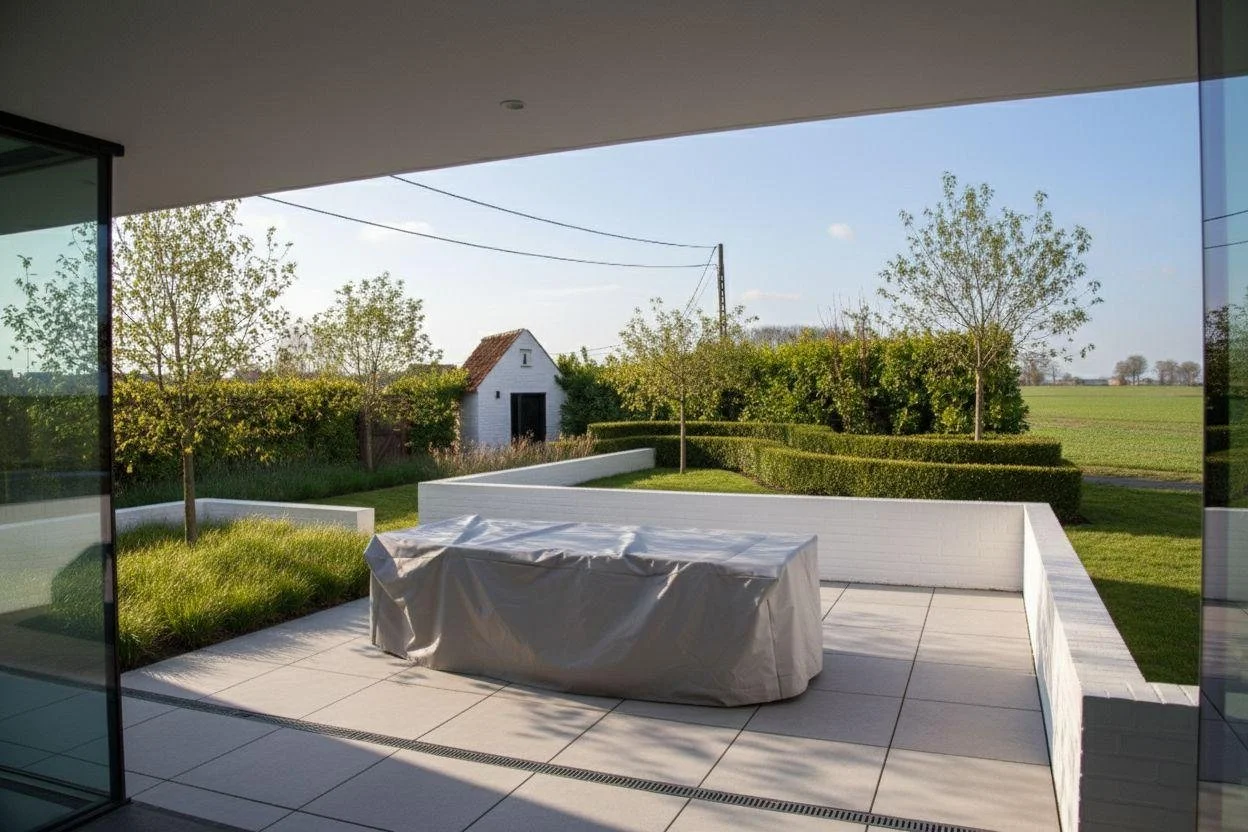 Uitzicht vanaf een modern overdekt terras met grote grijze tegels en witte tuinmuren op een gestileerde tuin met strakke hagen en een authentiek wit schuurtje in de verte.