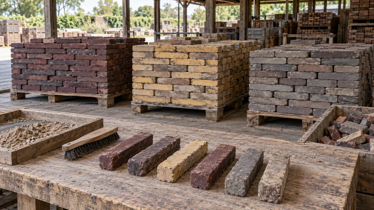 Werkbank met smalle recuperatieklinkers en een borstel, voor afzonderlijke pallets met bordeauxkleurige, gele en grijsbruine stenen.