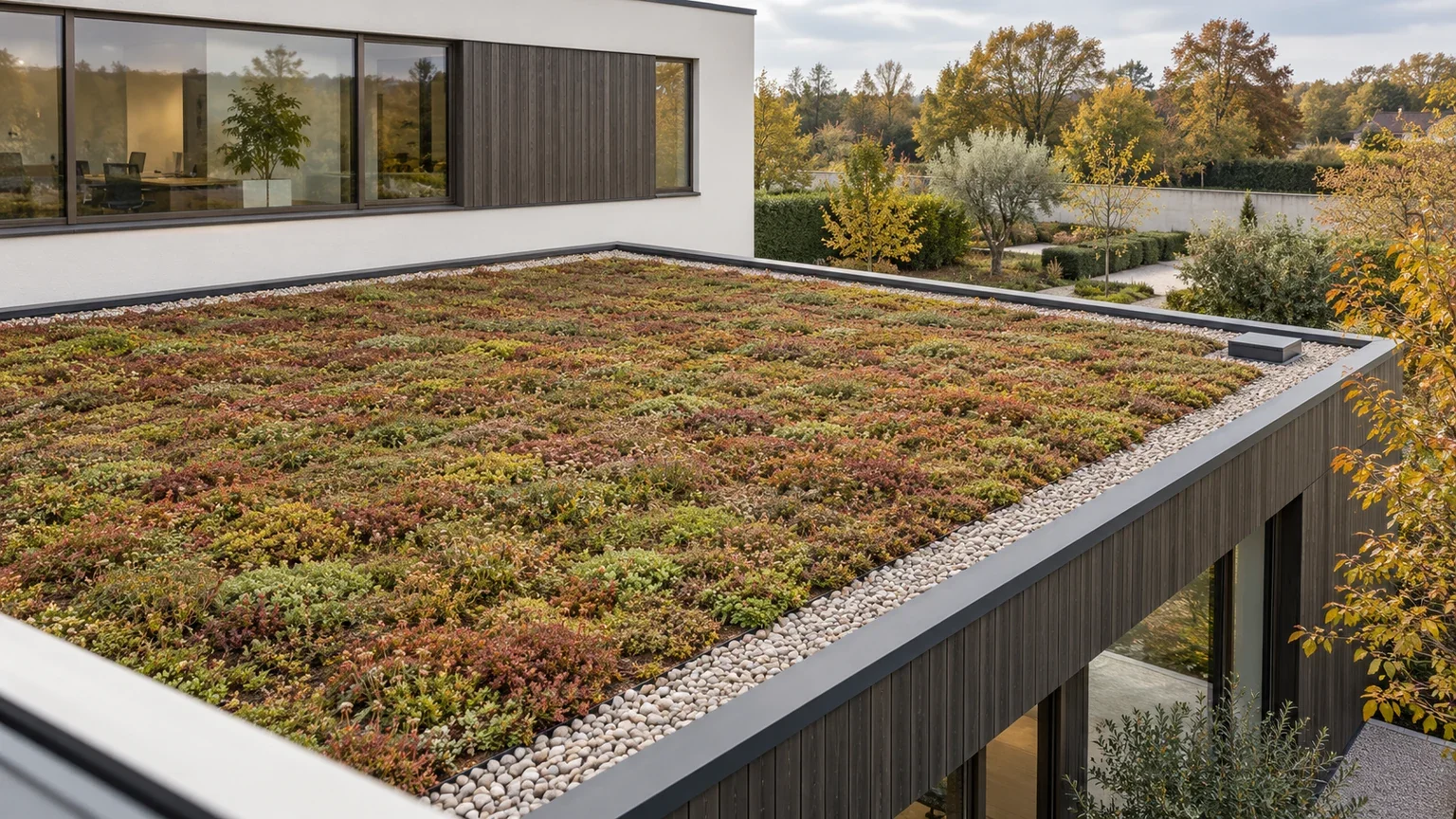 Sedumdak met groene en roodbruine begroeiing, een grindrand en inspectiepunt bij een modern bedrijfsgebouw.