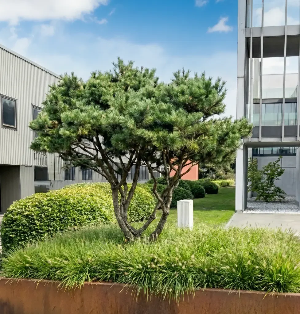 A landscaped area with a trimmed pine tree, green bushes, and ornamental grasses, beside a modern building with glass and metal siding.