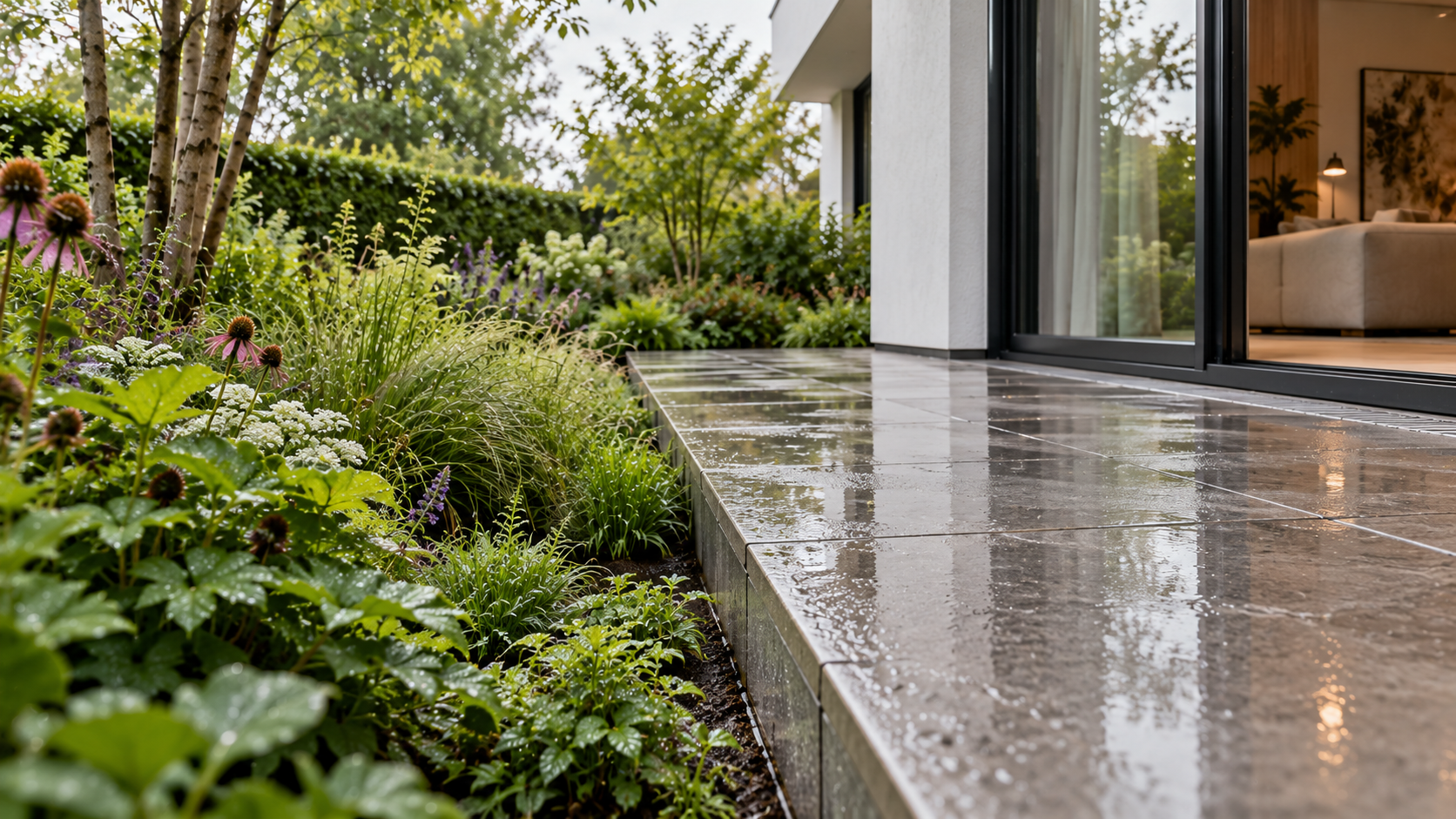 Laag zijaanzicht van een nat natuurstenen terras dat langs een beplante strook aan de woning grenst.