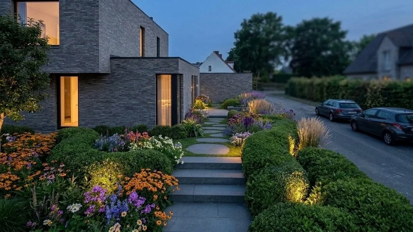 Modern house with a landscaped pathway leading to the entrance, surrounded by colorful flowers and illuminated garden lights, during dusk or early evening.
