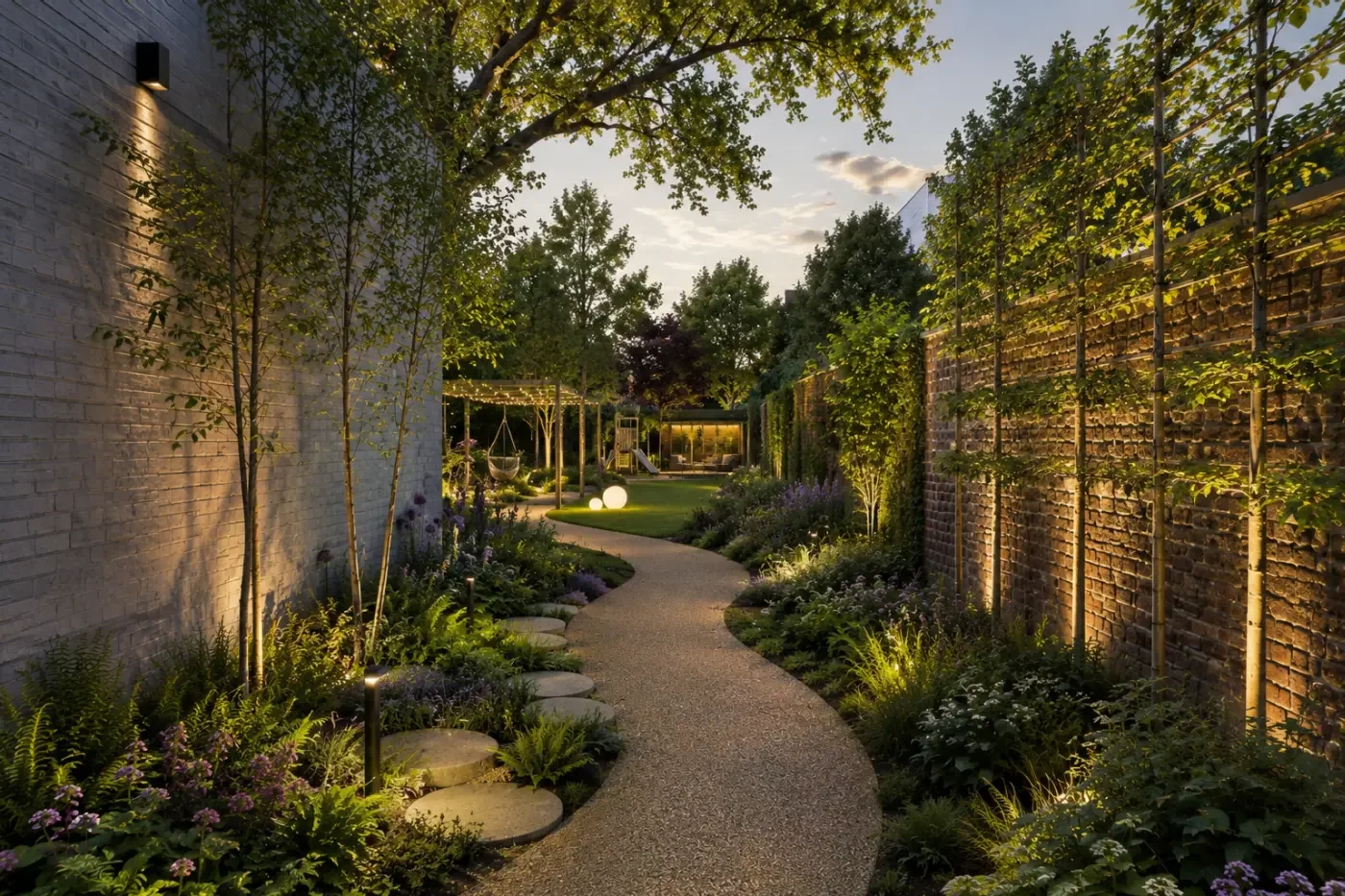 A winding garden pathway illuminated by outdoor lights during evening, surrounded by lush plants, flowers, and trees, with a brick and white wall on either side.