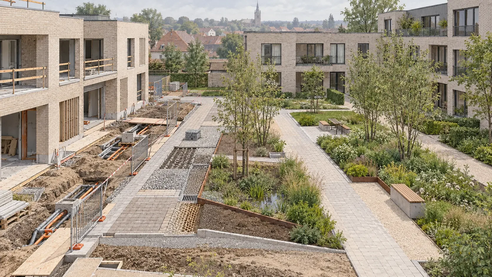 Gefaseerde buitenaanleg bij een appartementsproject met leidingen, verharding, infiltratiezone en gemeenschappelijke beplanting.